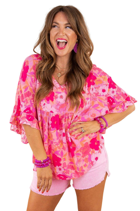 Floral Print Ruffled Half Sleeve Plus Size Babydoll Blouse